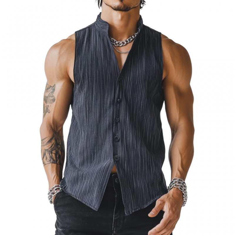 Men's Casual Breathable Linen Pinstripe Stand Collar Slim Fit Sleeveless Shirt MTA2800D3M