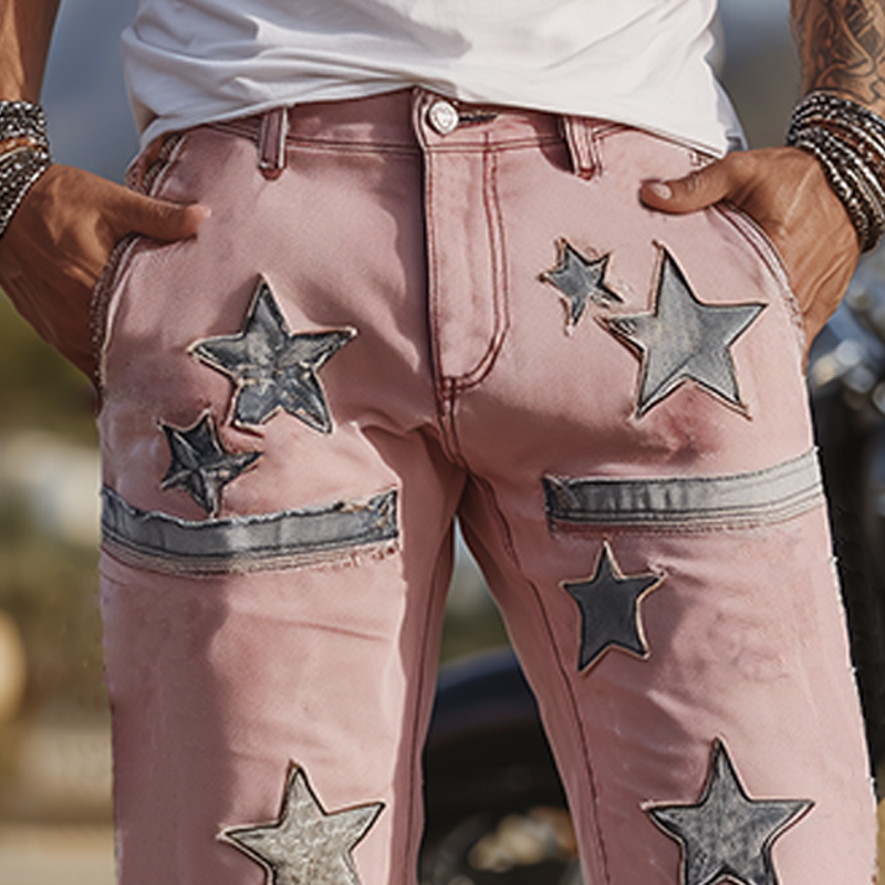 Men's Spring And Summer Fashion Casual Outdoor Washed Denim Patch Pattern Shorts MTA1808F9K