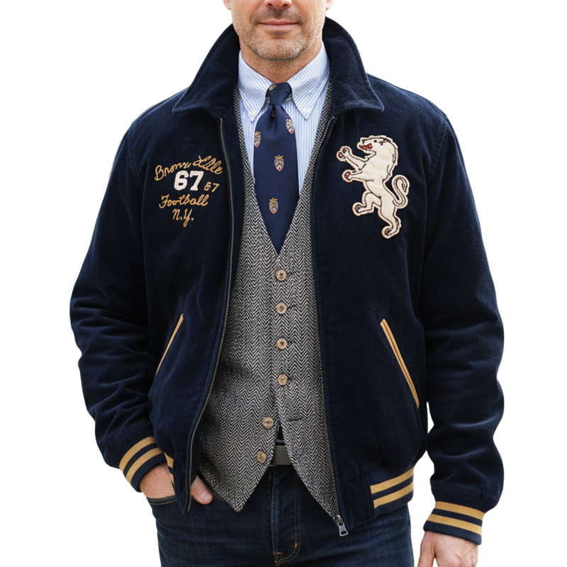 Men's Classic Navy Corduroy Embroidered Baseball Jacket MTA2333I4U