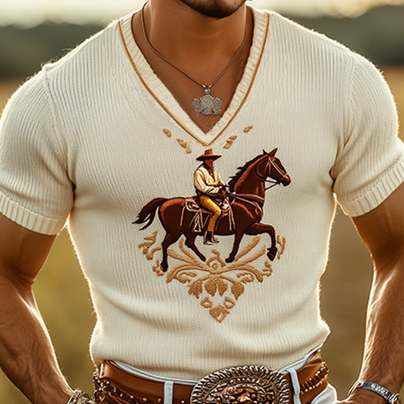 Men's Spring And Summer Fashion Casual Western Cowboy Style Thin V-neck Knitted Embroidered Short-sleeved T-shirt MTA1541E3K