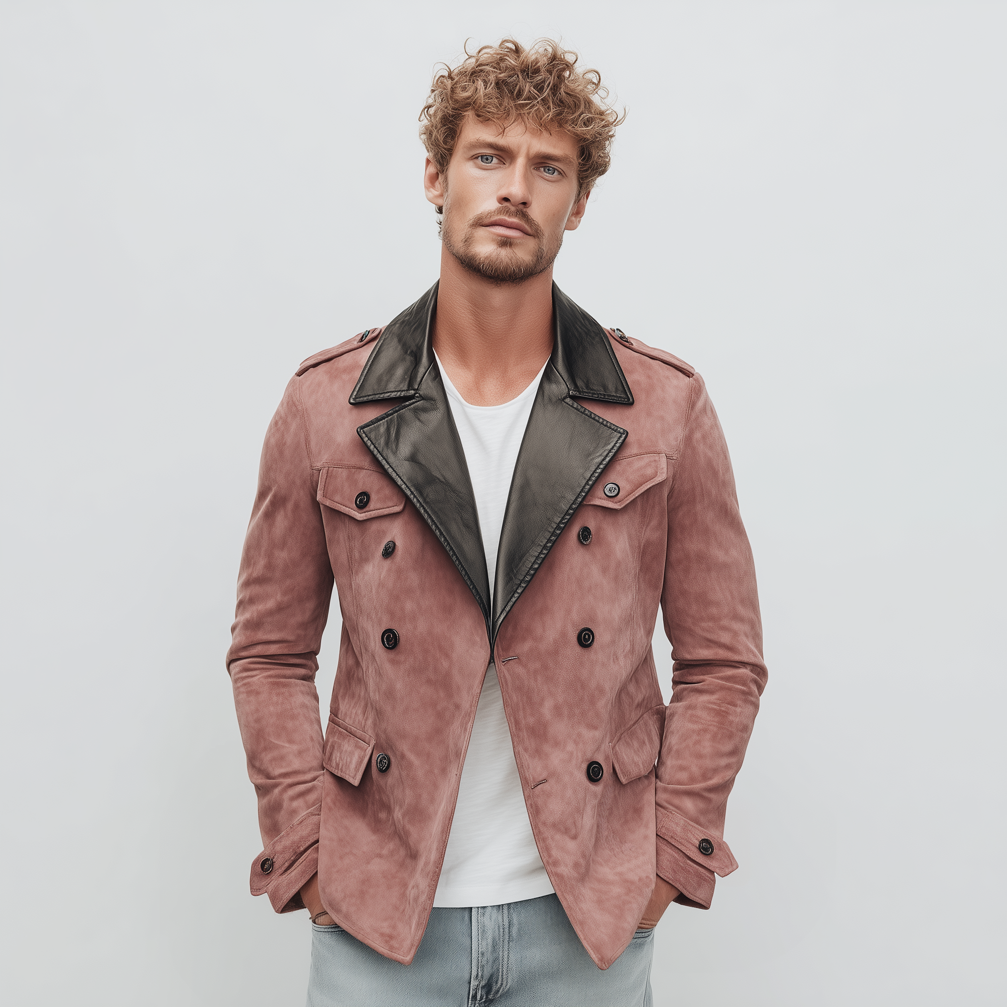 Men's Classic Casual Lapel PU Leather Double-breasted Pink Suede Multi-pocket Jacket MTA0225I4K