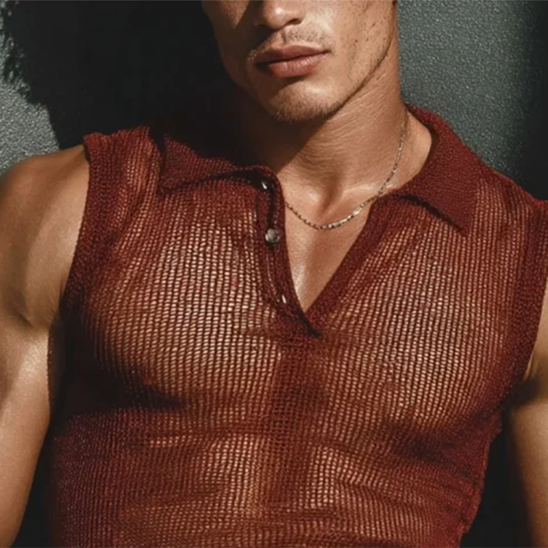 Men's Knitted Polo Neck Sleeveless Tank Top MTA0419G8Y