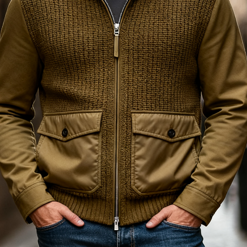 Men's Retro Casual Stitching Stand Collar Zipper Knit Cardigan MTA2061J4X