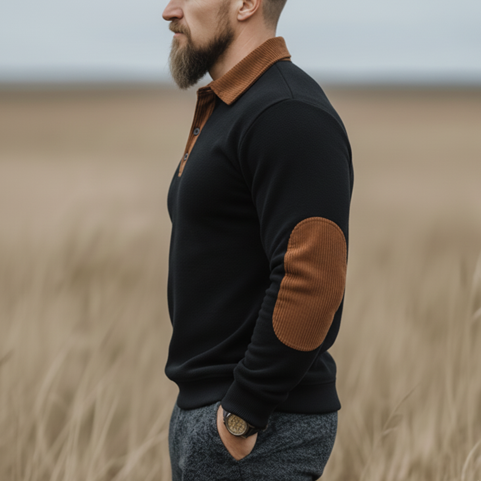 Men's Classic Western Tough Guy Style Dralon Fabric Warm Skin-friendly Slim Long-sleeved Polo Shirt MTA2221J5K