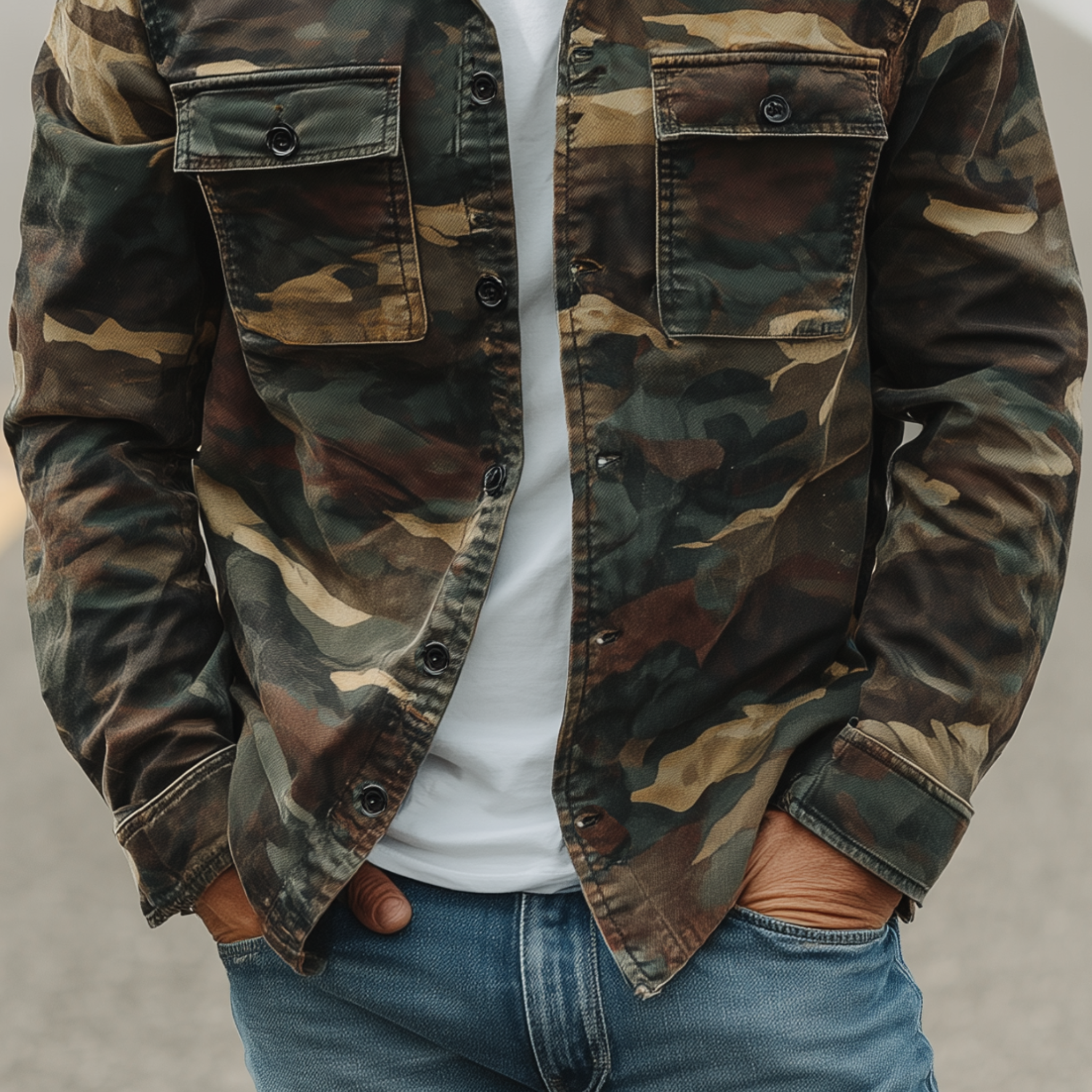 Men's Classic Vintage Washed Camouflage Cotton Blend Long Sleeve Shirt MTA3161G1K