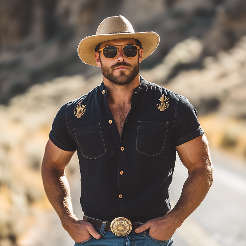 Men's Summer Casual American Retro Western Tough Black Washed Thin Denim Embroidery Slim Short-sleeved Shirt MTA1042F0K