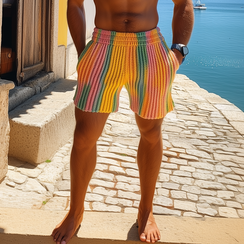 Men's Spring And Summer Fashion Casual Rainbow Elastic Waist Knitted Shorts MTA2061F5K