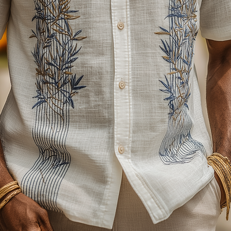 Men's Summer Fashion Leaf Embroidery Slub Linen Henley Collar Short Sleeve Shirt MTA0292G9P