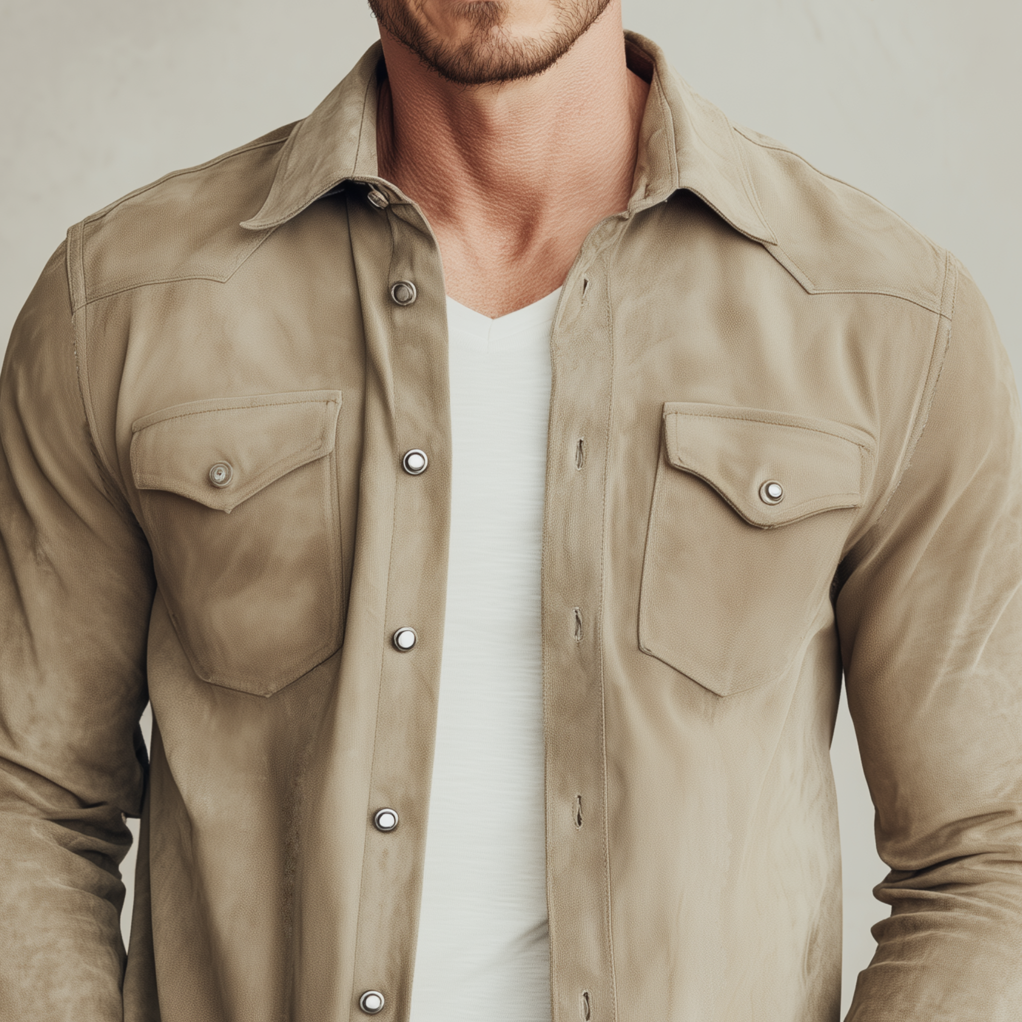 Men's Classic Casual Solid Color Thin Suede Metal Button Long Sleeve Shirt MTA0175H4K