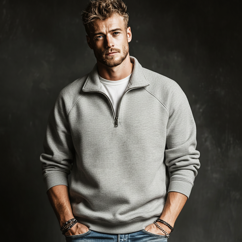 Men's Classic Minimalist Grey Quarter-zip Collared Casual Sweatshirt MTA2647L7U