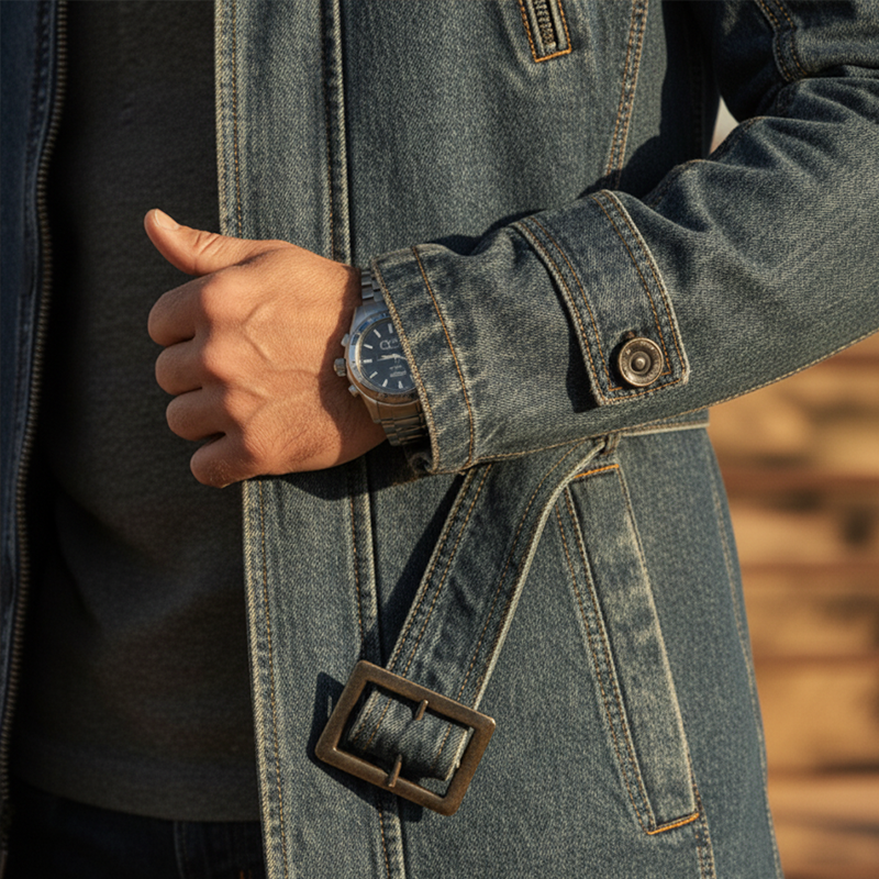 Men's Vintage Washed Denim Stand-collar Zip-up Jacket (with Belt) MTA2966L0P