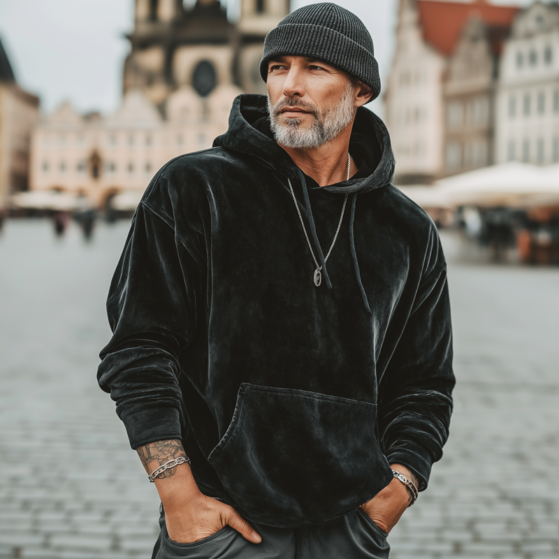 Men's Classic Minimalist Black Velvet Hooded Sweatshirt MTA2912L3U