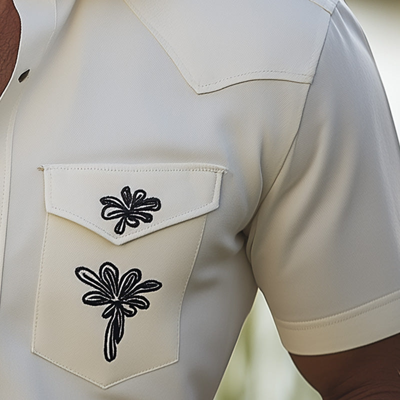 Men's Summer Western Cowboy Style Embroidered Cotton And Linen Short-Sleeved Shirt MTA2102E7P