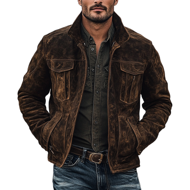 Men's Retro Faux Suede Collar Solid Color Button Jacket MTA0325K3X