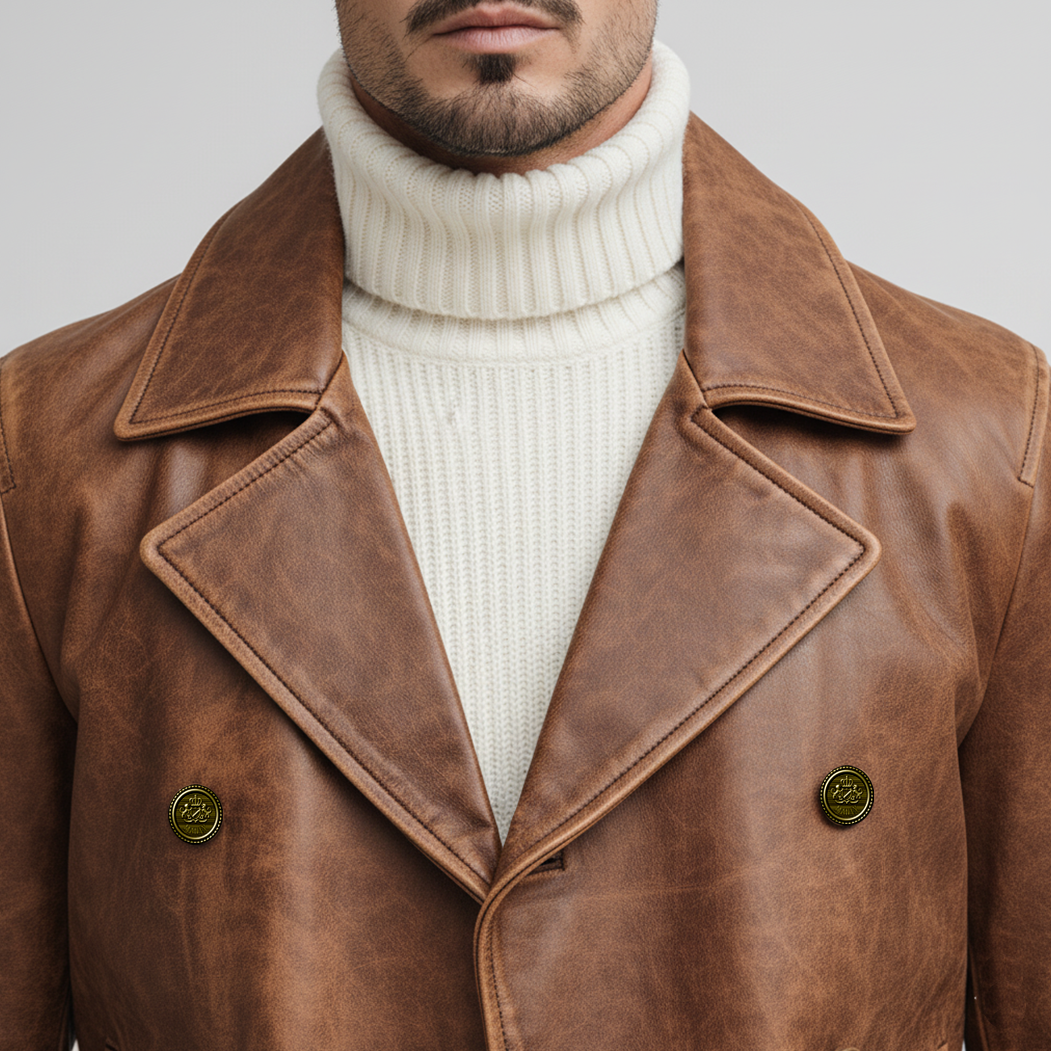 Men's Classic Retro Lapel PU Leather Double-breasted Jacket MTA2231J0K