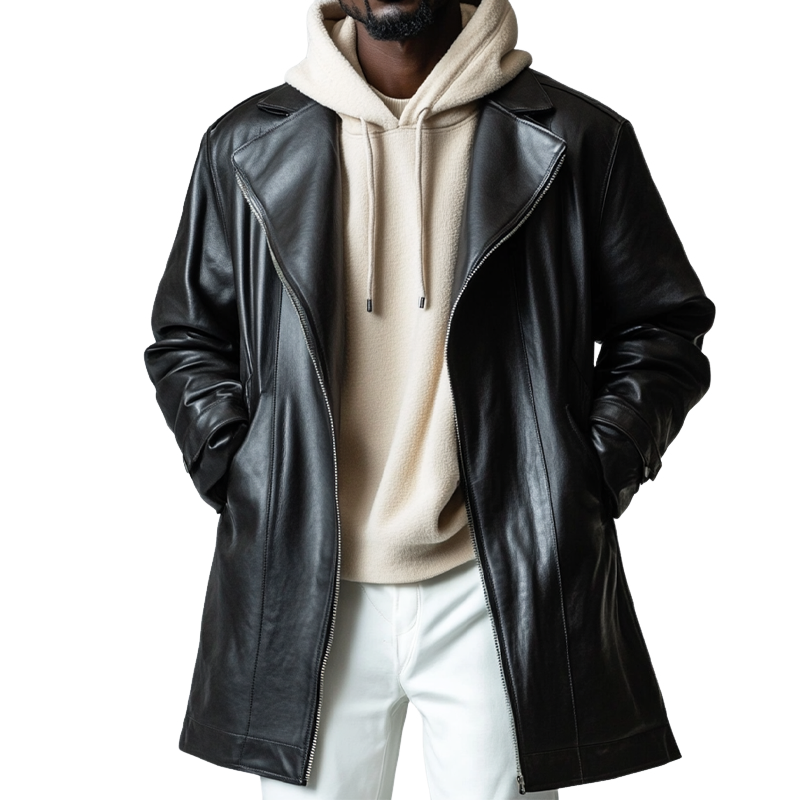 Men's Solid Color Lapel Zipper Mid-length PU Coat MTA0468L9X