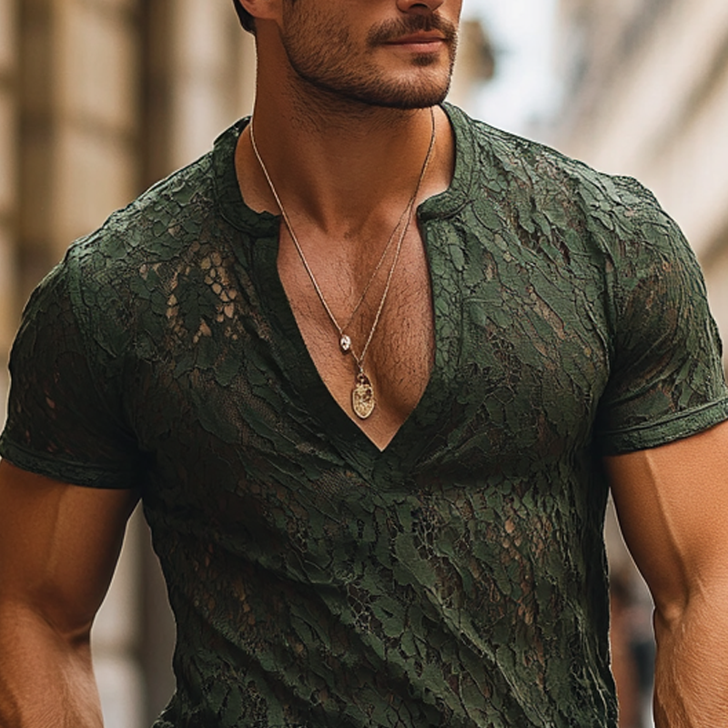 Men's Fashion Lace V Neck Short Sleeve T-shirt MTA2024E7Z