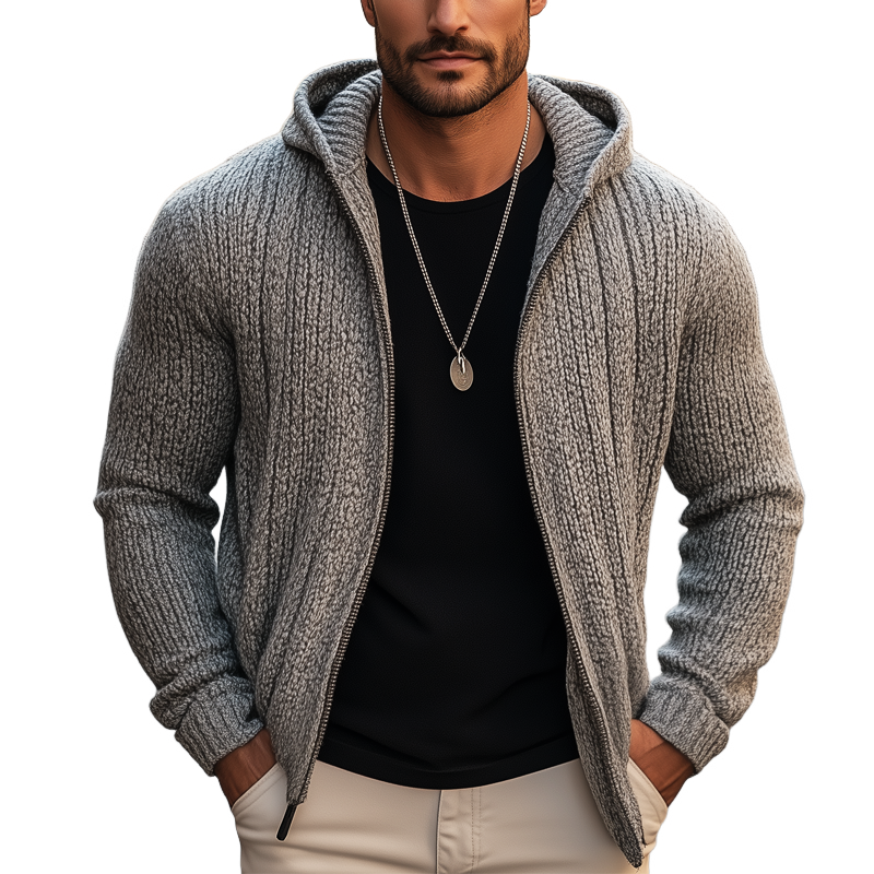 Men's Classic Chunky Textured Zip-up Hooded Knit Cardigan Cardigan