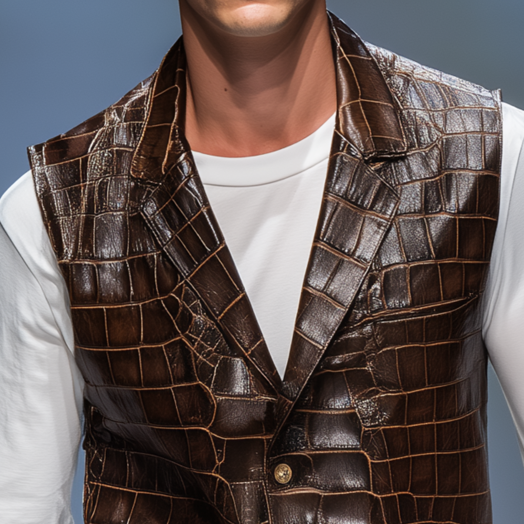 Men's Classic Retro Textured Leather Blazer Collar Single-breasted Slim Vest MTA0248H1K