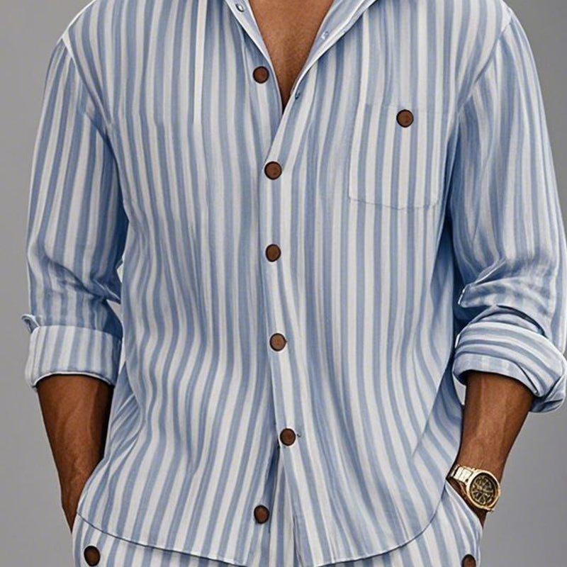 Men's Striped Print Long Sleeve Hoodie Shorts Casual Two-Piece Set MTA2916D8X