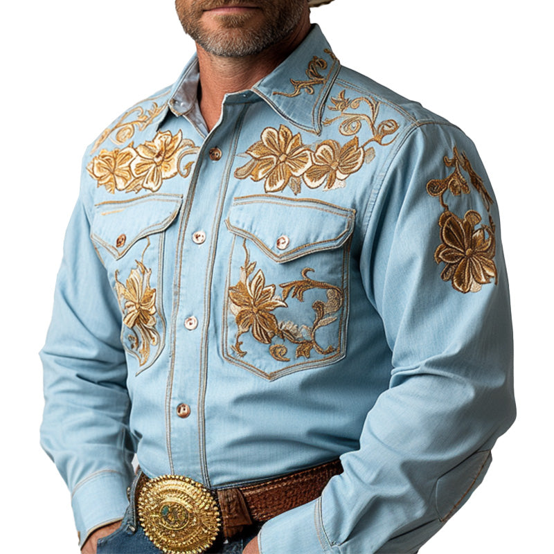 Men's Summer Western Cowboy Style Thin Denim Embroidered Long-Sleeved Shirt MTA2847D4P