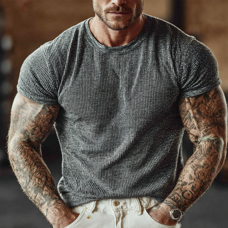 Men's Knitted Round Neck Slim Short Sleeve T-shirt MTA0781G4X