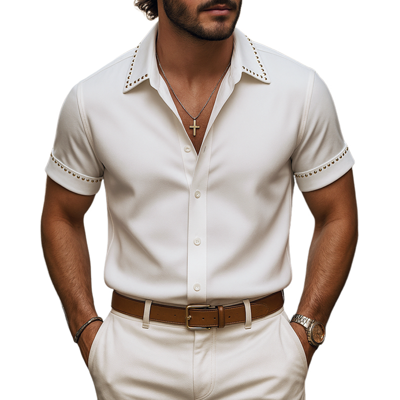 Men's Fashion Rivet Lapel Short Sleeve Shirt MTA1798G8Z