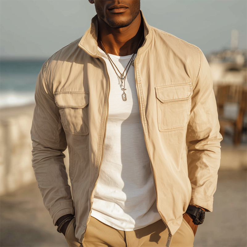 Men's Basic Stand Collar Zipper Cotton Bomber Jacket MTA0534H2U