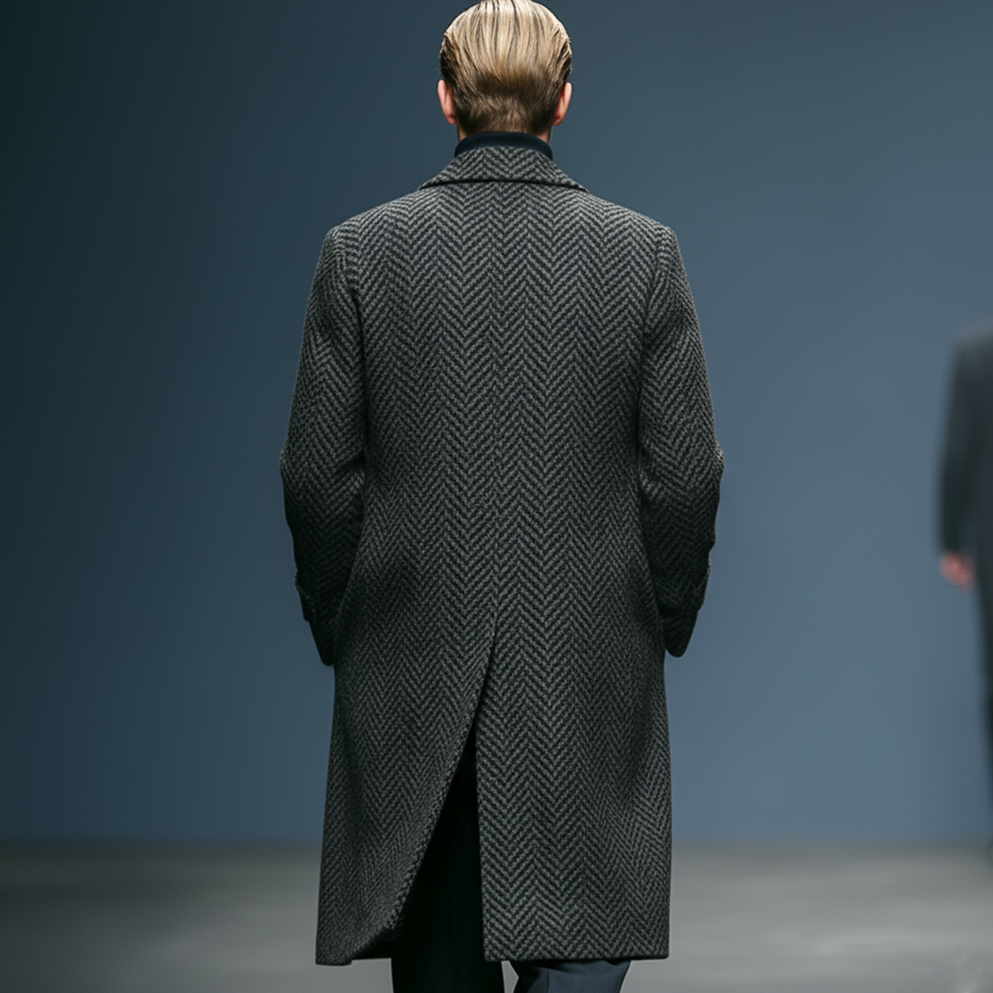 Men's Classic Light Business Lapel Pocket PU Leather Knee-length Faux Herringbone Wool Coat MTA1193J6K