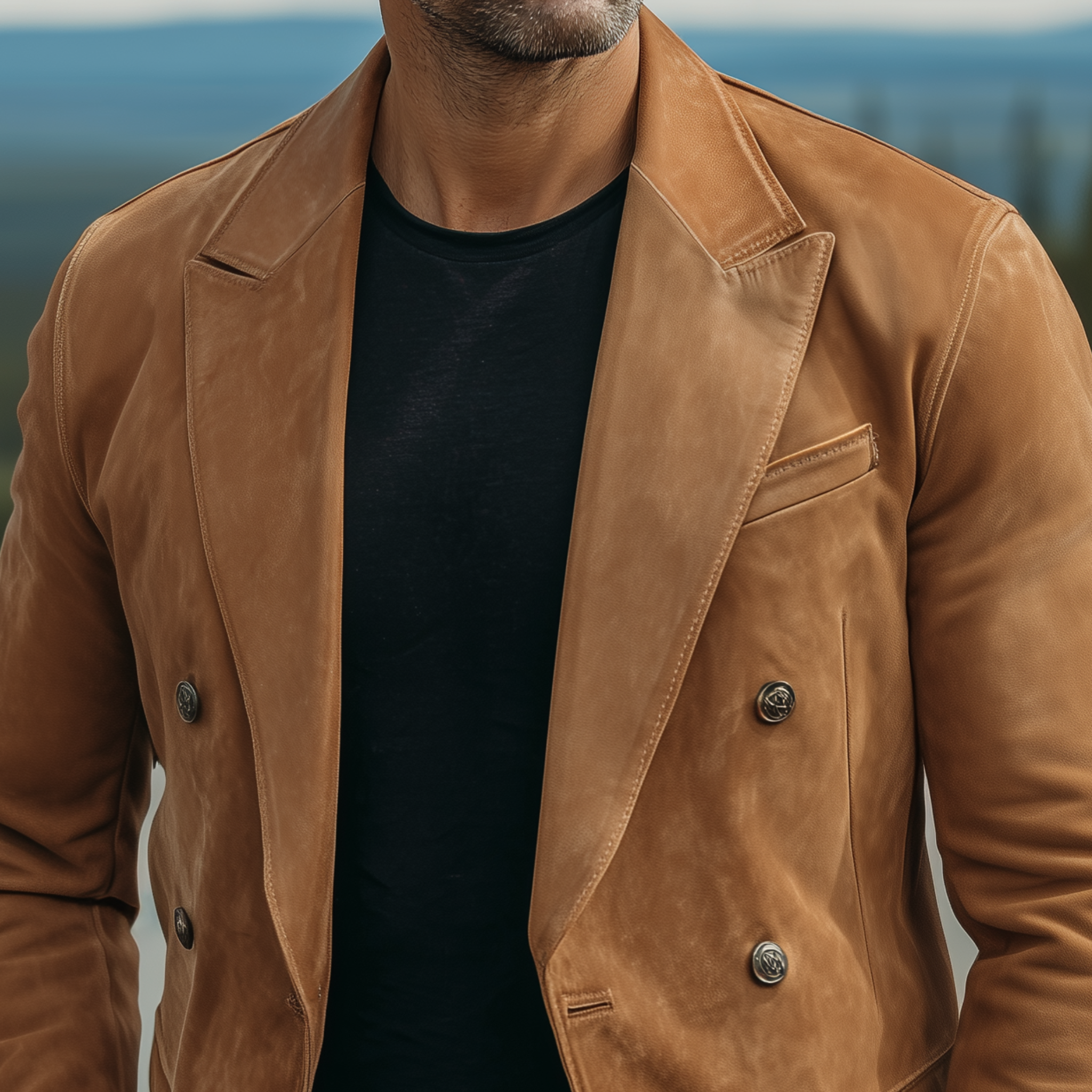 Men's Classic Retro Solid Color Suede Double-breasted Slim-fit Blazer MTA0550H0K