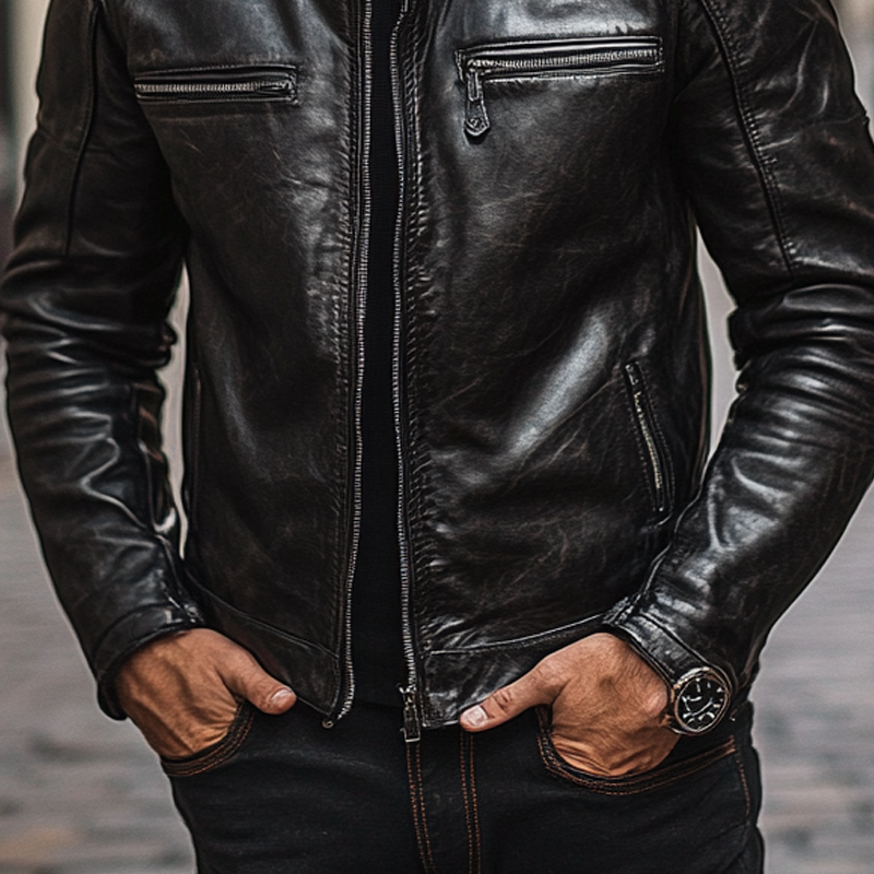 Men's Solid Color Slim Fit Motorcycle Stand Collar PU Jacket MTA0876I8X