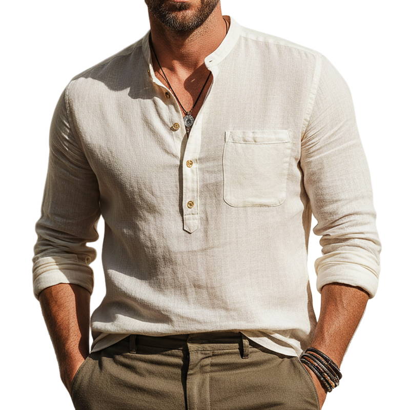 Men's Classic Beige Cotton And Linen Button-down Collar Long-sleeved T-shirt MTZ0562B6U