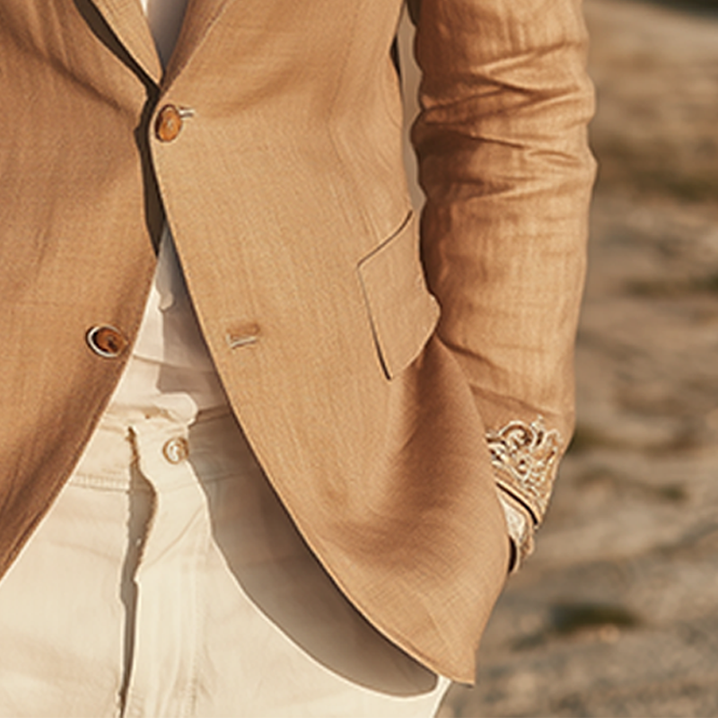 Men's Classic Retro Cuff Embroidery Cotton And Linen Slim Fit Single Breasted Blazer MTA1636G7K