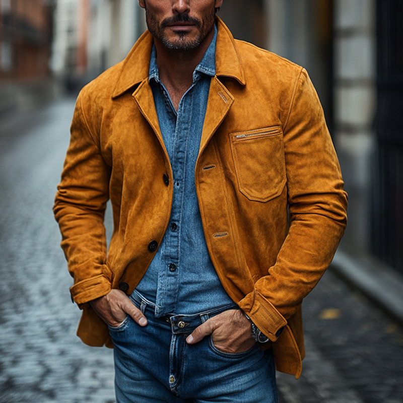 Men's Casual Solid Color Faux Suede Collar Button Jacket MTA0593K9X