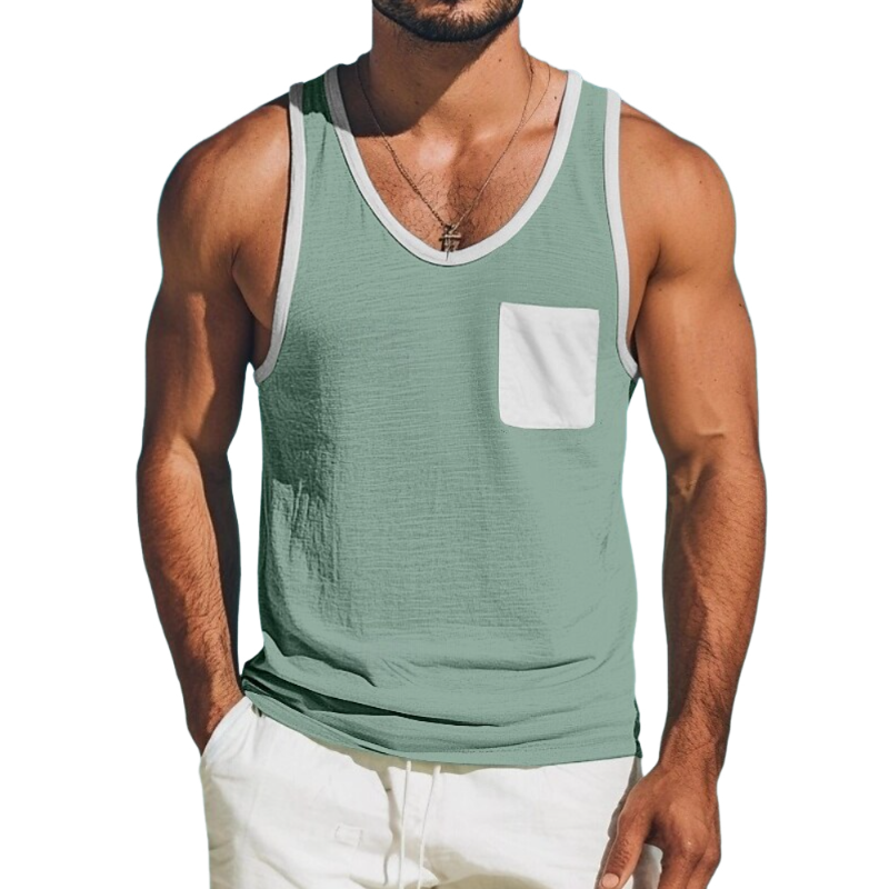 Men's Casual Cotton Linen Contrast Color U-Neck Patch Pocket Loose Tank Top MTA1488E9M