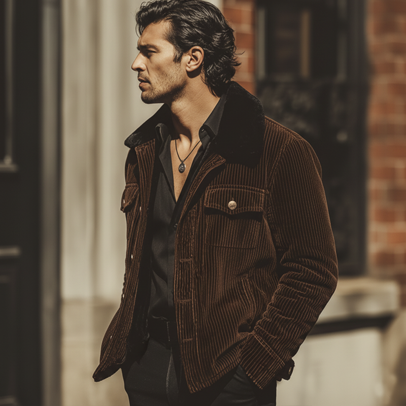 Men's Vintage Chocolate Brown Velvet Fur Collar Rider Jacket MTA1023L4U