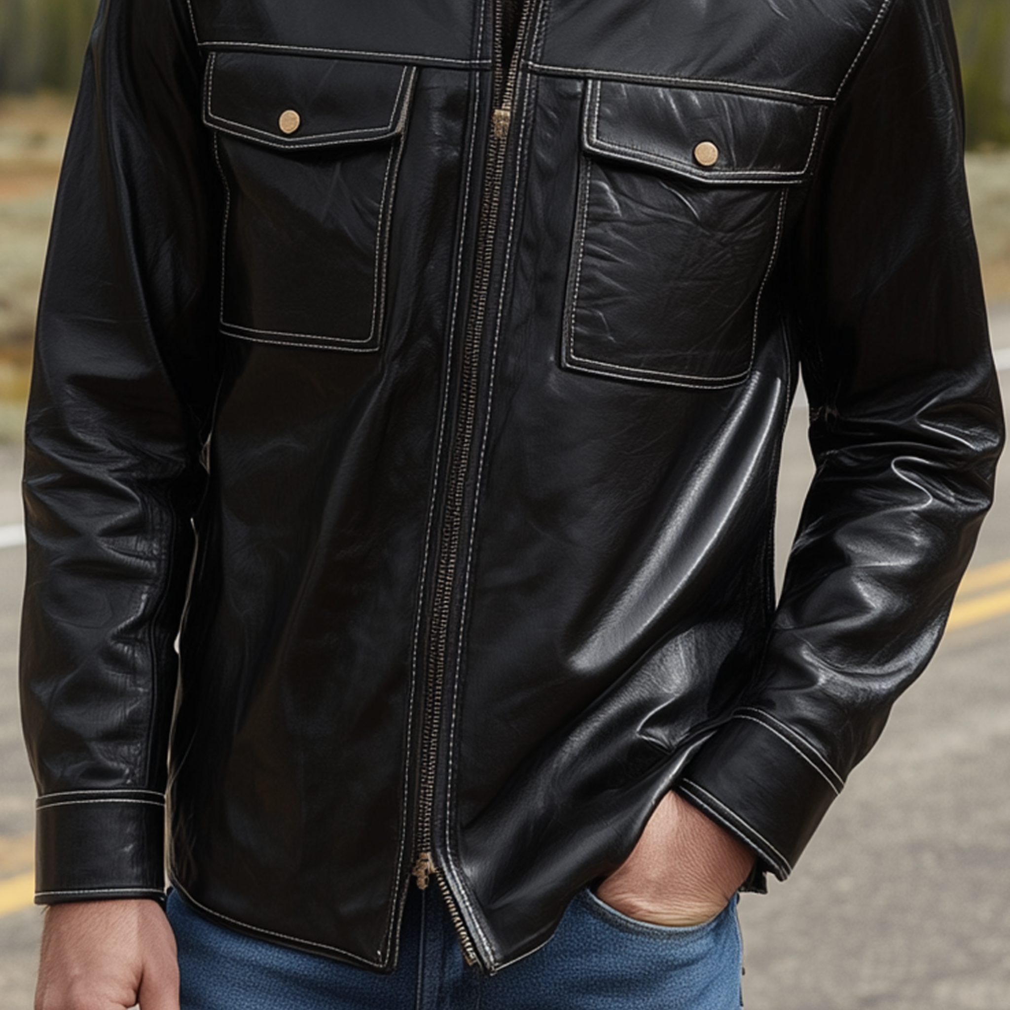 Men's Classic Vintage Textured Leather Lapel Zipper Slim Fit Jacket MTA0241H4K