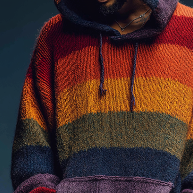 Men's Retro Casual Rainbow Knitted Hooded Pullover Sweater MTA2227K1TO