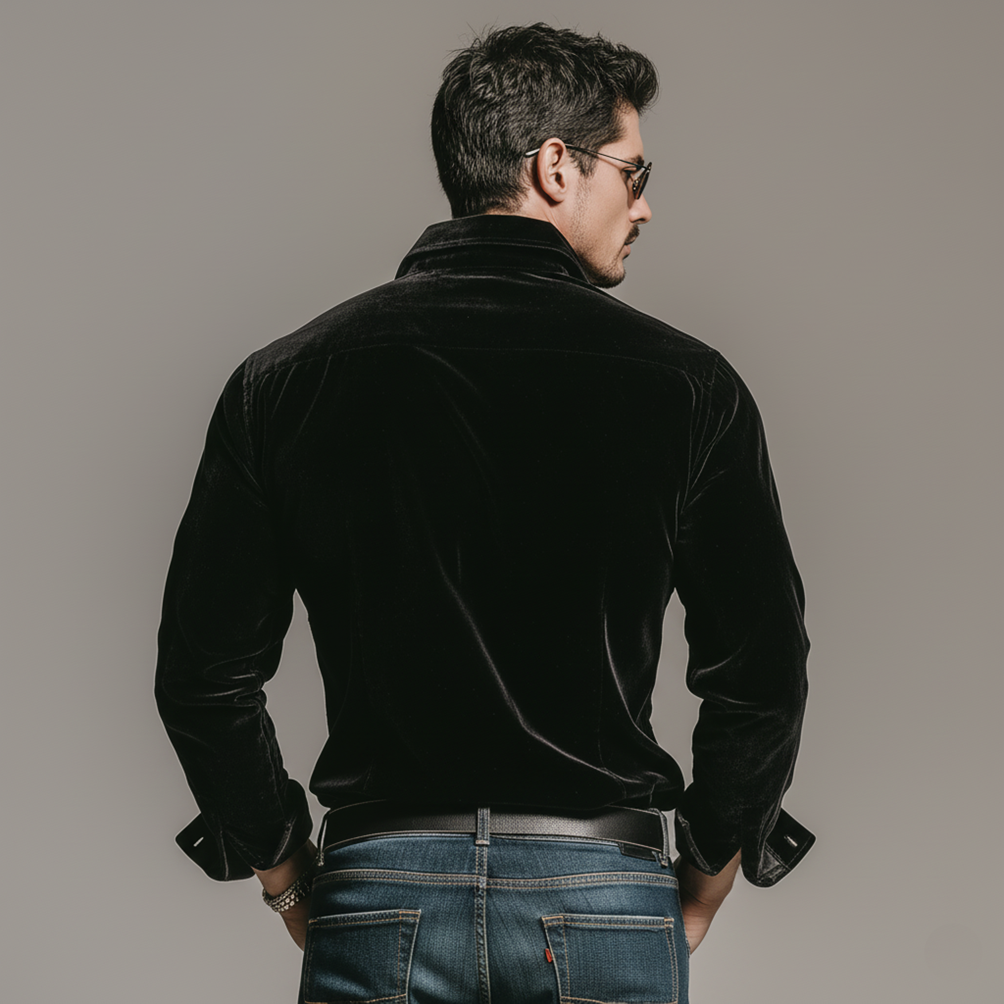 Men's Classic Vintage Lace-paneled Lapel Black Velvet Long-sleeved Shirt MTA2087L4K