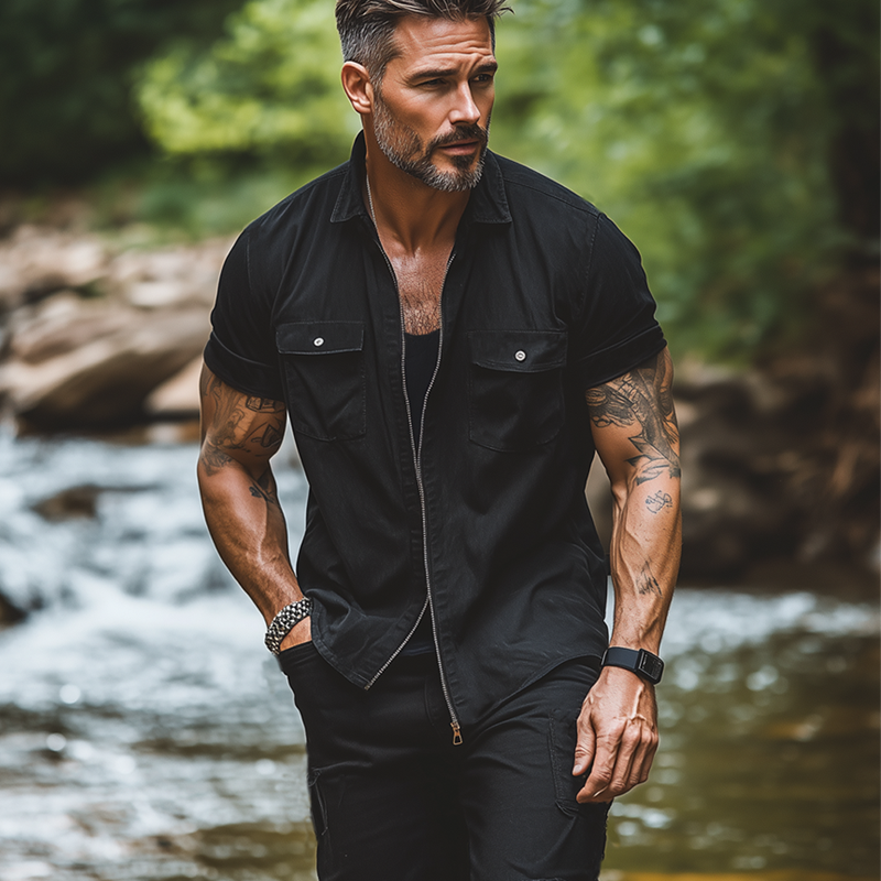 Men's Summer Classic Lapel Zipper Denim Short Sleeve Shirt MTA2093F4U