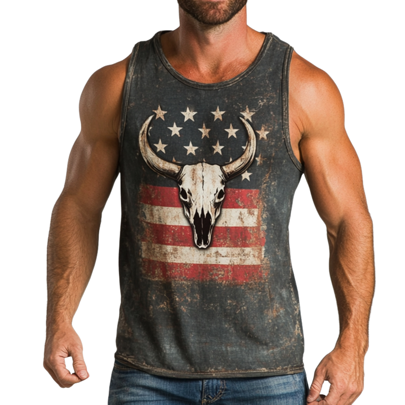 Men's Retro Casual Western Cowboy Style American Flag Printed Crew Neck Tank Top MTA0620E3TO