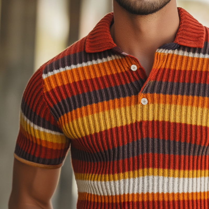 Men's Retro Casual Color Striped Knitted Short Sleeve Polo Shirt MTA2211G5TO