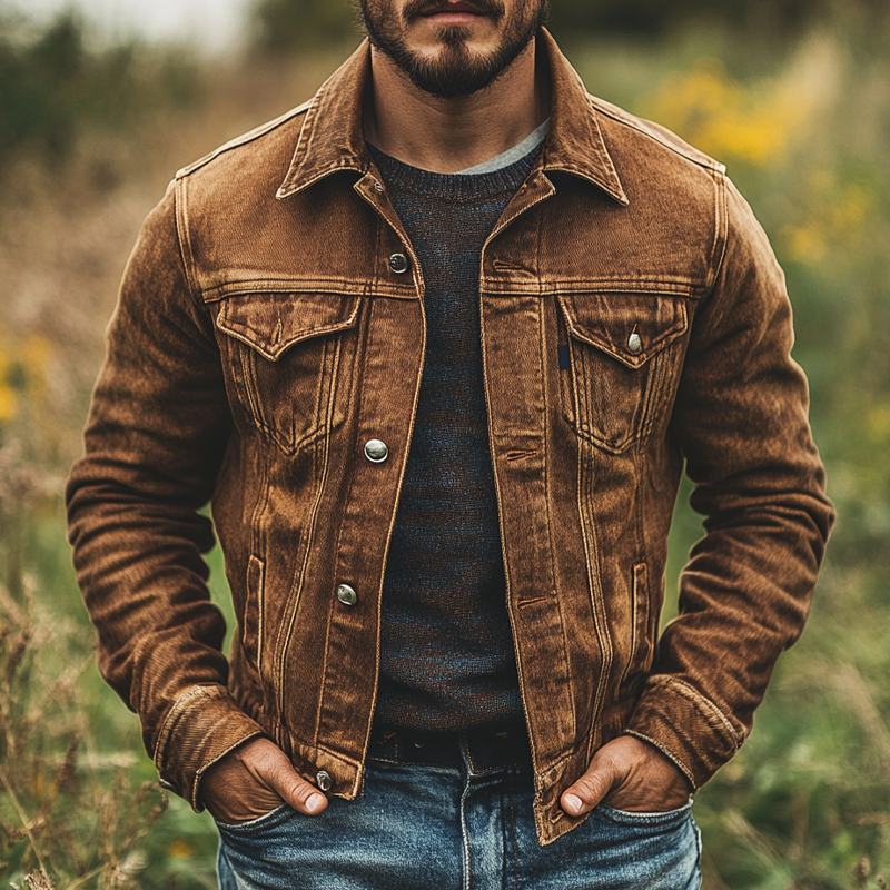 Men's Vintage Distressed Lapel Single-breasted Western Denim Jacket MTA1252I3X