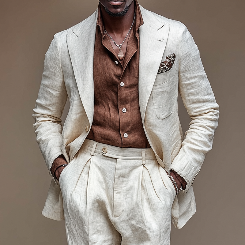 Men's Retro Casual Cotton Linen Blazer Two-Piece Set MTZ0419B0TO
