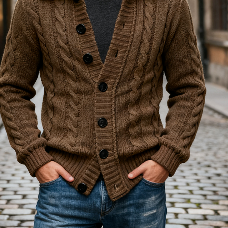 Men's Knitted Cable Knit Textured Collar Cardigan MTA2974J2X