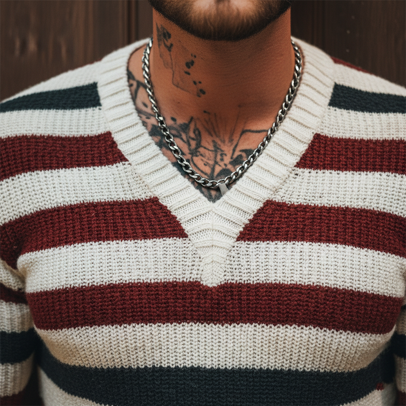Men's Autumn Retro Contrast Striped Cotton Knitted V-Neck Sweater MTA1669J6P