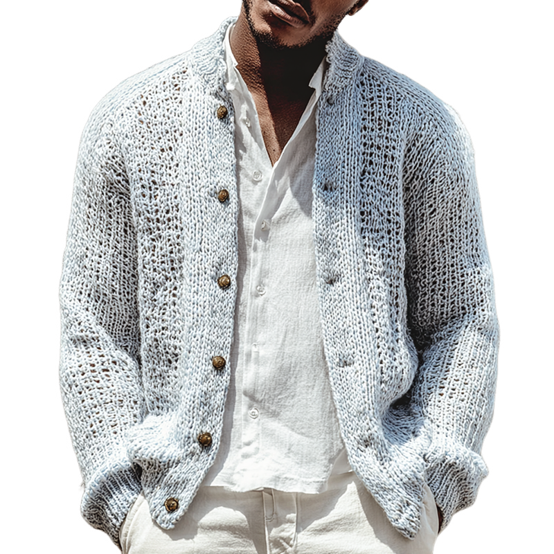 Men's Solid Color Openwork Stand Collar Single Br Easted Cardigan MTA0408I6Z