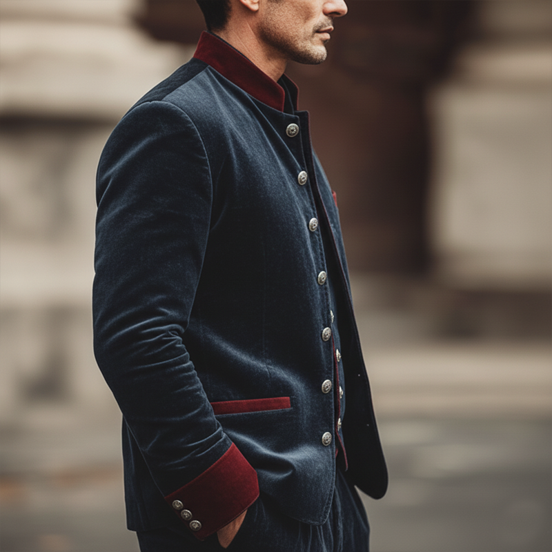 Men's Retro Stand Collar Velvet Color Block Slim Fit Jacket MTA1283L0U