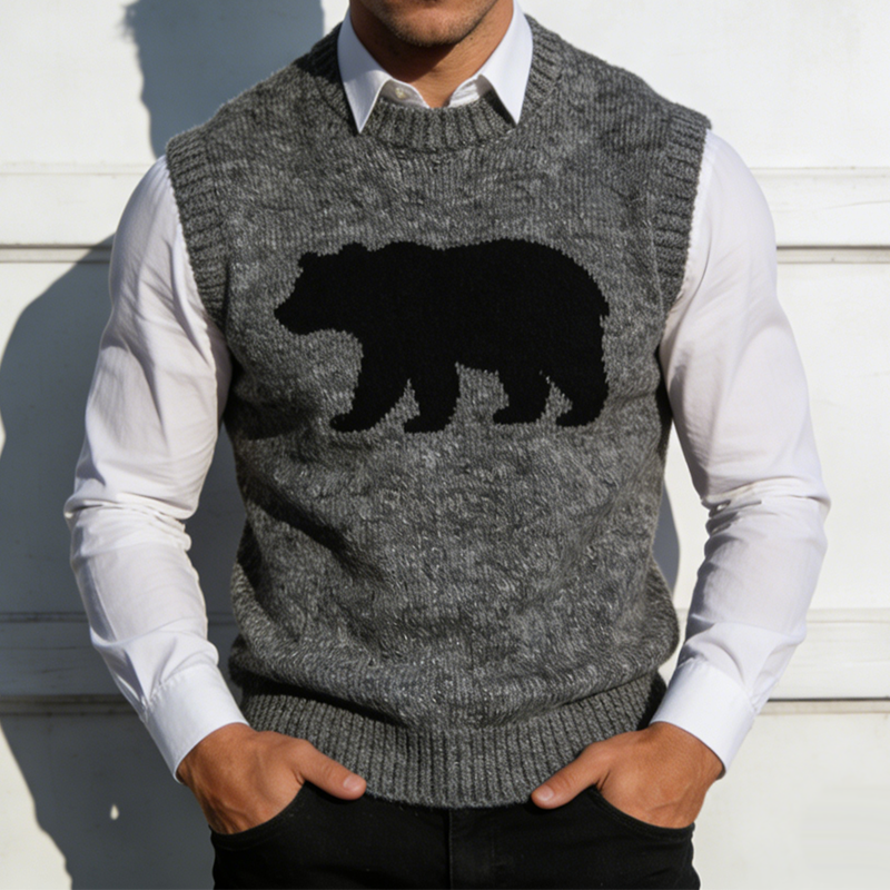 Men's Retro Casual Bear Knitted Crew Neck Vest MTA1691L3TO