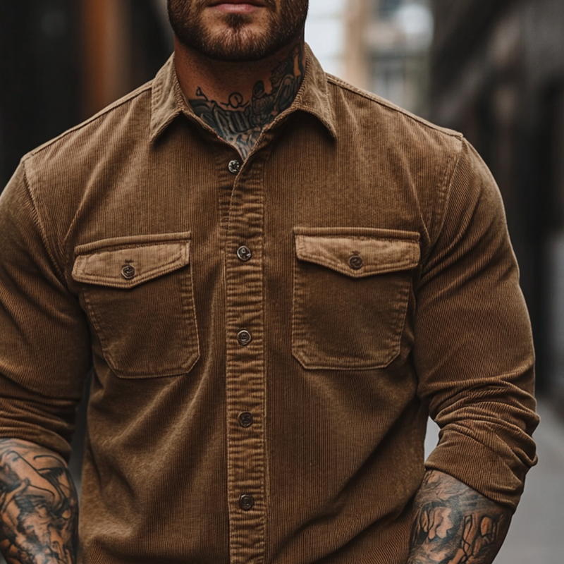 Men's Corduroy Retro Solid Color Long-Sleeve Shirt MTA3046J4X